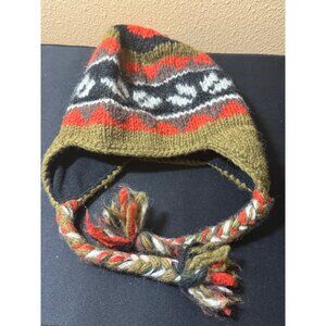 Lorenzi 100% Wool Hand-Knit Earflap Hat With Braided Tassels Made In Nepal